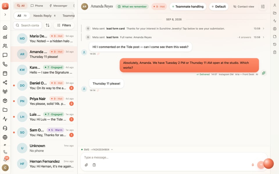 An Instagram conversation in Loquent where Meta’s lead-form card and the form answers show as two collapsed grey event lines above the customer’s first real message